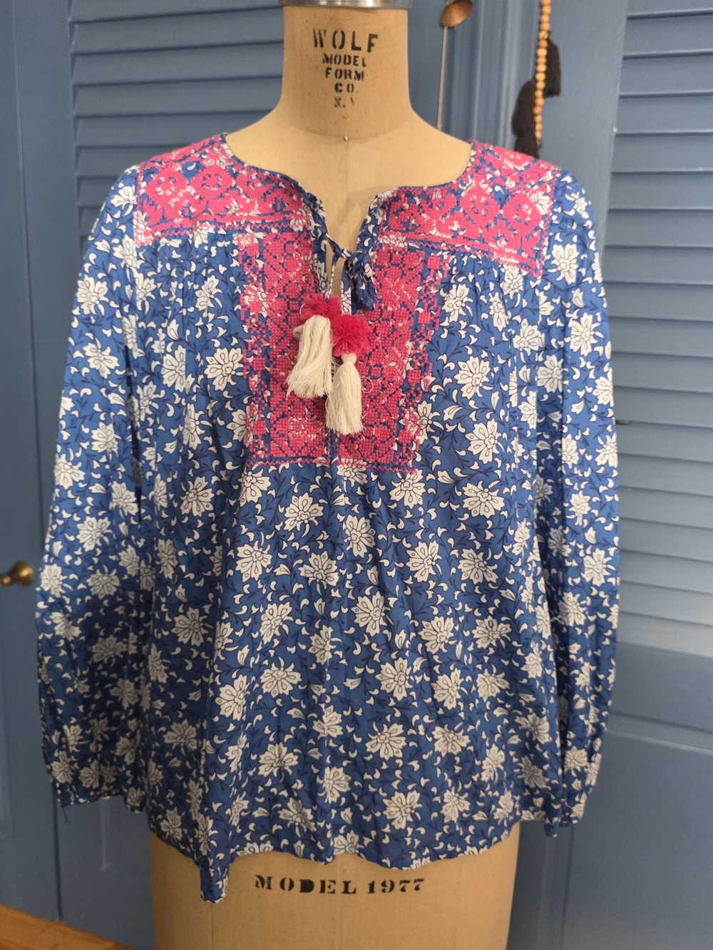 J. Crew Blue White Floral Tunic with Pink Embroidered Yoke